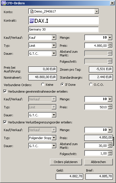 SaxoTrader Demo: Order-Fenster